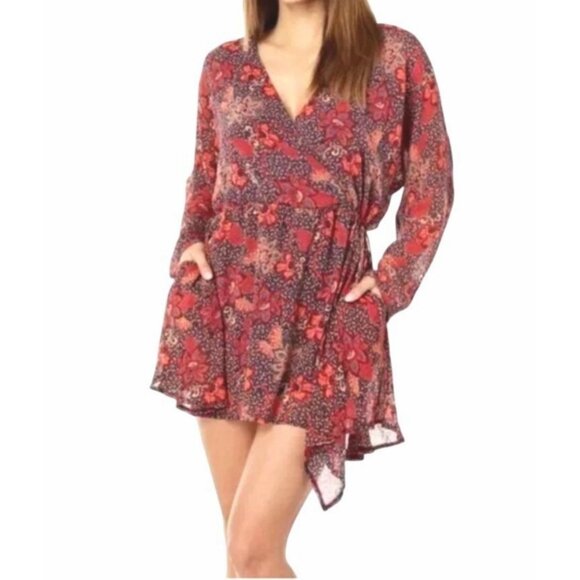 Free People Teegan Floral Print Long Sleeve Wrap Mini Dress Asymmetrical X-Small - Picture 1 of 16